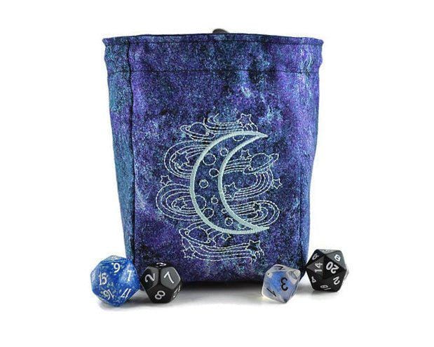 moon and planets dice bag, night sky dice bag, RPG dice pouch, polyhedral dice, bag of holding, game piece bag, celestial dice bag