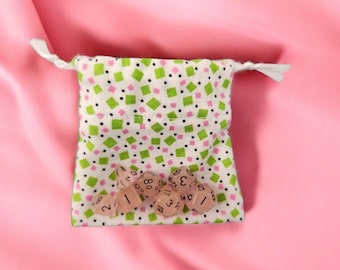 Mini drawstring bag with a set of mini dice, soft pink mini dice dnd