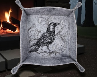 Crow dice tray, dice rolling tray, collapsible tray, board game accessory.