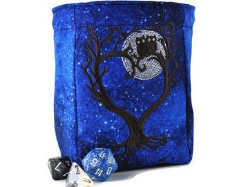 Two owls dice bag, tree heart, TTRPG, dnd dice bag,