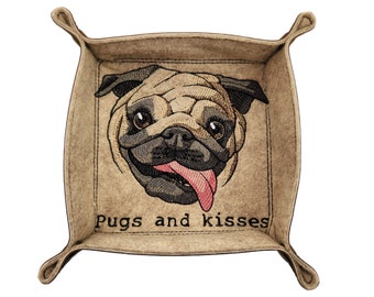 Pug dog dice tray, dice rolling tray, collapsible tray, board game accessory.