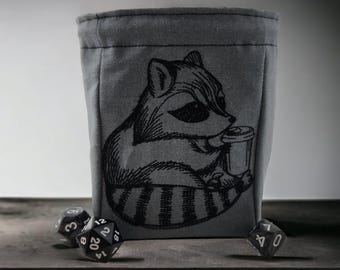 Raccoon and coffee dice bag, TTRPG, board game accessory, role playing dnd