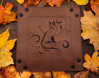 fox dice tray, dice rolling tray, collapsible tray, board game accessory, folding cube, vinyl catchall, valet tray, jewelry , travel tray