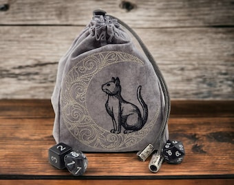 Cat and Moon Dice Bag , extra large dice bag, dice collector, dnd dice bag, bag of holding, polyhedral dice bag, Role playing pouch