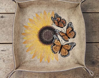 Collapsible Dice Rolling Tray, Embroidered sunflower and Monarch butterfly design