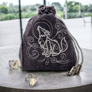 Dice bag wolf, board game accessory,  dnd