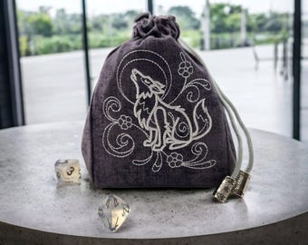 Dice bag wolf, board game accessory,  dnd