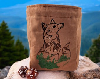 Fox in woods dice bag, RPG dice bag, D20 dice pouch, polyhedral dice bag