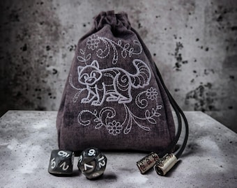 Raccoon and Flower Dice Bag, RPG game bag, bag of holding, Polyhedral dice pouch, fantasy games, strategy games