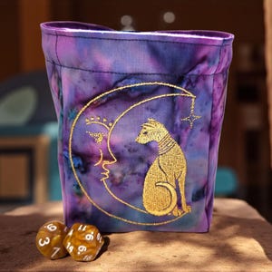 Elegante borsa per dadi a forma di gatto e luna, custodia per dadi TTRPG, borsa da gioco