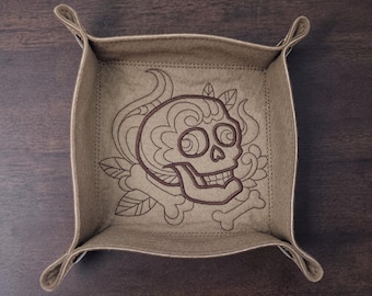 Skull doodle embroidered dice tray, TTRPG