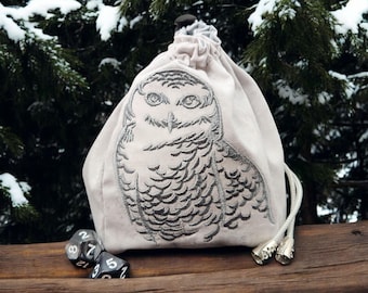 Snow Owl dice bag, dnd dice bag, extra-large dice pouch
