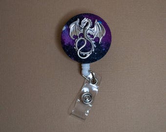 Badge reel, silver dragon on nebula fabric