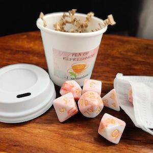 Tea of Refreshment dice set, TTRPG, role playing, gag gifts