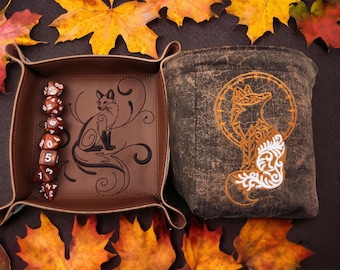Fox gift set for gaming, fox dice tray, polyhedral dice set, role playing, vegan gift set, tabletop gaming,