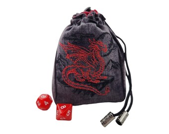 Broderad draktärningsväska, Fantasy RPG-påse, skiffergrå bomullstyg, vändbar dragskoväska