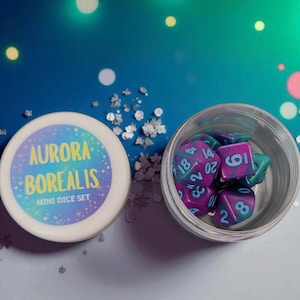 mini dice gift set, Aurora Borealis, tabletop gaming, role playing gamer dnd