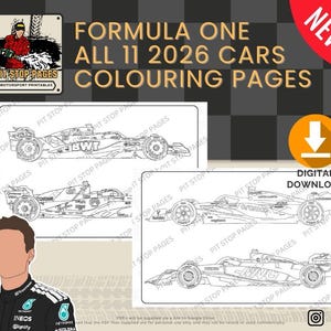 May include: Digital download of Formula One coloring pages featuring 11 car designs from 2026. The image includes the text "Formula One All 11 2026 Cars Colouring Pages" and the "Pit Stop Pages" logo. A "New!" sticker and a digital download icon are also visible.