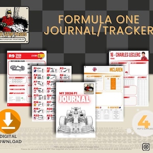 Könnte beinhalten: Eine Sammlung digitaler Formel-1-Journal- und Tracker-Vorlagen. Das Design umfasst ein Cover mit einer Rennwagen-Illustration und dem Text "MY 2026 F1 JOURNAL". Weitere Seiten zeigen Streckenlayouts, Fahrerprofile und den Text "FORMULA ONE JOURNAL/TRACKER".
