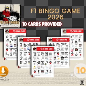 May include: A digital download of an F1 Bingo game with the text "F1 Bingo Game 2026" and "10 Cards Provided." The game cards are red and white with various racing-related icons. The image includes a logo for "Pit Stop Pages Motorsport Printables."