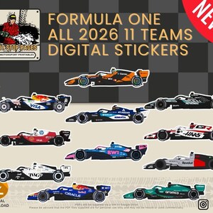 Könnte beinhalten: Digitale Aufkleber mit Formel-1-Rennwagen aller 11 Teams der Saison 2026. Die Aufkleber zeigen verschiedene Fahrzeugdesigns mit Sponsorenlogos vor einem karierten Hintergrund. Der Text lautet "Formula One All 2026 11 Teams Digital Stickers".