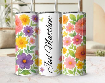 Personalisierter Blumenbecher: Benutzerdefinierter Text, bunter Blumendruck