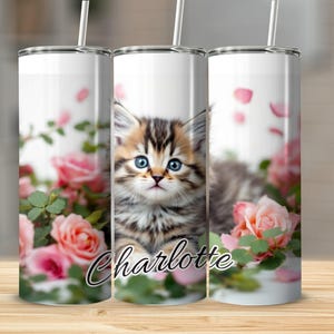 Cute Kitten Tumblers, Floral Cat Tumblers, Personalized Cat Gift, Custom Name Tumblers, Gift for Cat Lovers, Tumblers