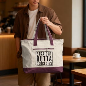 Bolsa de tela con diseño divertido "Straight Outta Groceries", ideal para amantes de la comida.