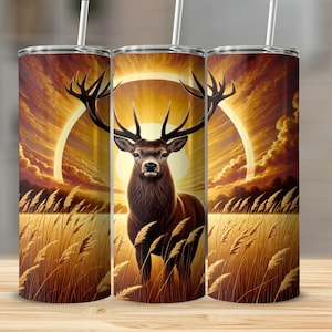 Majestic Deer in Wheat Field Tumbler, Malownicze akcesoria myśliwskie na zachód słońca, prezent dla miłośników dzikiej przyrody, kubek dla miłośników przyrody