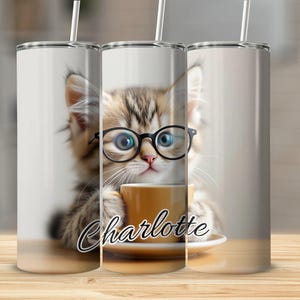 Custom Cat Tumblers, Kitten with Glasses, Personalized Text Tumblers, Cute Animal Tumblers, Coffee Lover Gift, Tea Time Tumbler, Funny Cat