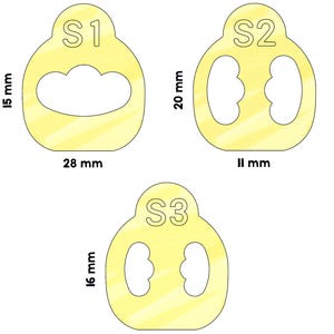 May include: Three yellow, abstract-shaped objects labeled S1, S2, and S3. S1 is 15 mm high and 28 mm wide, with a cloud-shaped cutout. S2 is 20 mm high and 11 mm wide, with two kidney-shaped cutouts. S3 is 16 mm high and 9 mm wide, with two kidney-shaped cutouts.
