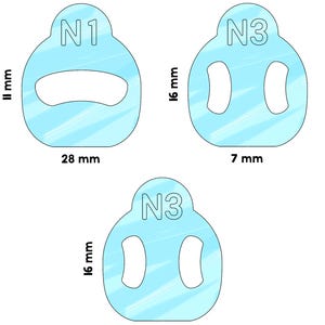 May include: Three light blue, abstract-shaped objects with the text "N1" and "N3". The first object is 28 mm wide and 11 mm tall. The other two objects are 7 mm wide and 16 mm tall. The objects have rounded edges.