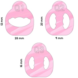 May include: Three pink, abstract shapes with measurements in millimeters. The shapes are labeled Q1, Q2, and Q3. Q1 is 12 mm high and 28 mm wide. Q2 is 20 mm high and 9 mm wide. Q3 is 16 mm high and 8 mm wide.