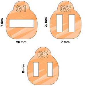 May include: Three orange-colored, abstract shapes with rectangular cutouts. The shapes are labeled G1, G2, and G3, with dimensions in millimeters. G1 is 28 mm wide and 9 mm high. G2 is 20 mm high and 7 mm wide. G3 is 16 mm high and 7 mm wide.