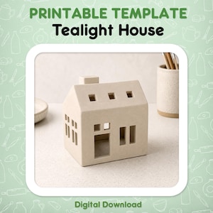May include: A beige ceramic tealight house with a chimney, featuring rectangular cutouts for windows and a door. The text PRINTABLE TEMPLATE Tealight House and Digital Download is visible on the light green background surrounding the object.