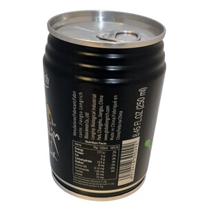May include: A black aluminum beverage can with a silver pull tab. The can has white text with nutritional information and the text "8.45 FL.OZ (250 ml)". The can is made in China.