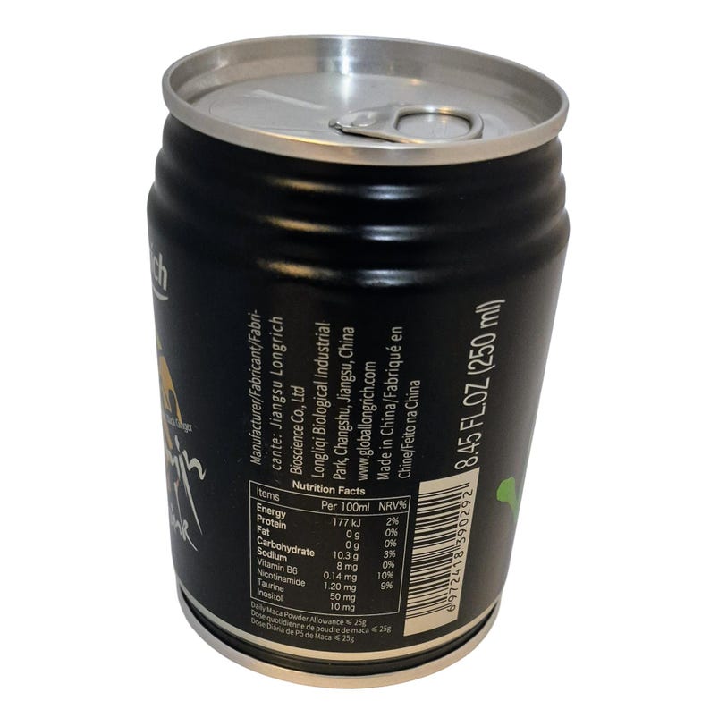 May include: A black aluminum beverage can with a silver pull tab. The can has white text with nutritional information and the text "8.45 FL.OZ (250 ml)". The can is made in China.