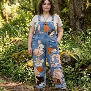 Custom one of a kind upcycled patchwork denim womens overalls