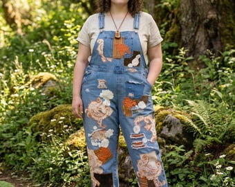 Custom one of a kind upcycled patchwork denim womens overalls
