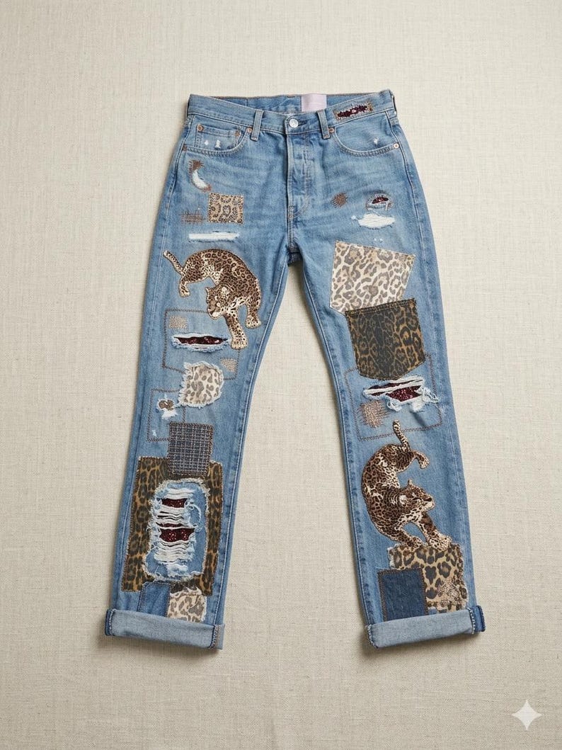 May include: Light blue denim jeans with leopard print patches and distressed details. The jeans feature two leopard appliques and patches with distressed details. The jeans have a button fly and cuffed hems.