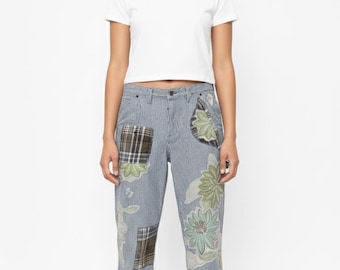 Upcycled Patchwork railroad stripe  Denim Jean. SZ-30 Womems SZ-8/9