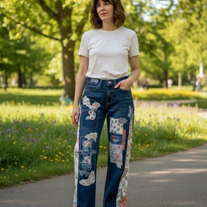 Könnte beinhalten: Dunkelblaue Jeans mit farbenfrohen Patchwork-Designs. Die Patches zeigen Blumen- und abstrakte Muster in Rot, Weiß und Blau. Die Jeans hat einen weiten Bein-Schnitt und wird mit einem weißen T-Shirt und schwarzen Schuhen getragen.