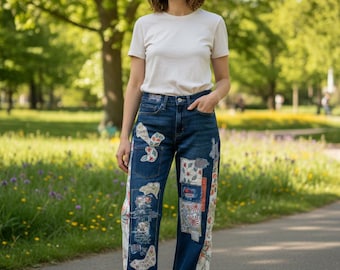 Levi Signature Patchwork Blue Jeans. Straight Leg Converted To Flare. 39x30