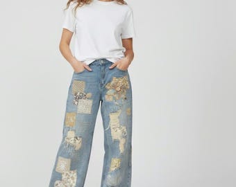 Custom  & Handcrafted Patchwork Wide Leg Denim Size 8