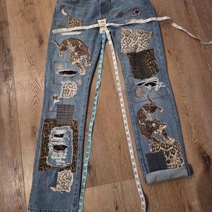 LEVI Button Fly 501 32x34 Upcycled Patchwork Jeans with animal print theme image 20