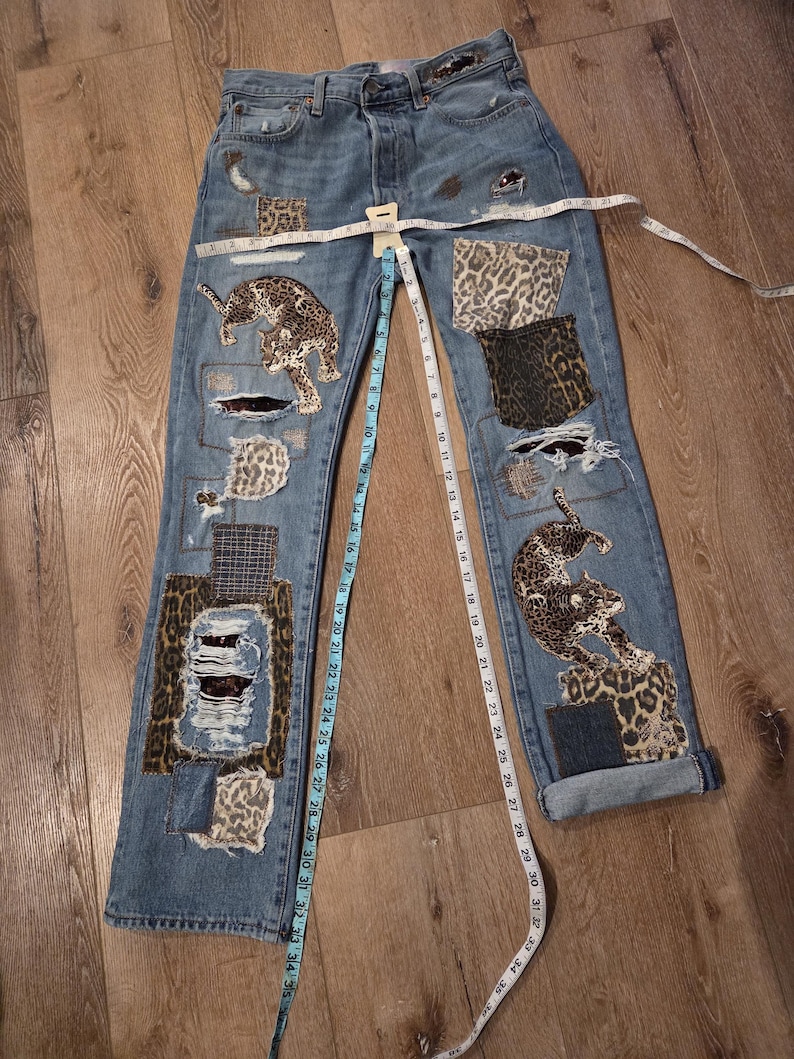 LEVI Button Fly 501 32x34 Upcycled Patchwork Jeans with animal print theme image 20