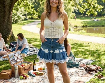 Upcycled reworked denim, lace and pearl ruffled short skirt.