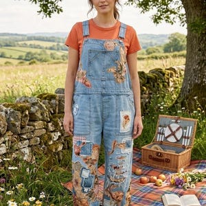 Könnte beinhalten: Hellblaue Latzhose aus Denim mit verschiedenen Blumen- und Karostoffaufnähern, abgenutzten Stellen und ausgefransten Kanten. Die Latzhose hat eine klassische Fronttasche am Latz, verstellbare Schultergurte und mehrere praktische Taschen.