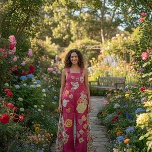 Puede incluir: Una persona en un jardín exuberante con un mono rosa adornado con parches decorativos. El mono tiene un diseño de pierna ancha y está adornado con apliques florales y en forma de corazón. El camino del jardín está bordeado de flores coloridas.