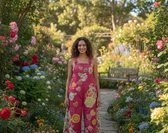 Pink Upcycled Patchwork Overalls with wide flowy bells. Size Medium